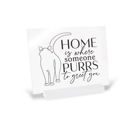 P Graham Dunn Home Purrs Greet Classic White 8 x 6 Acrylic and Wood Tabletop Glossy Sign 